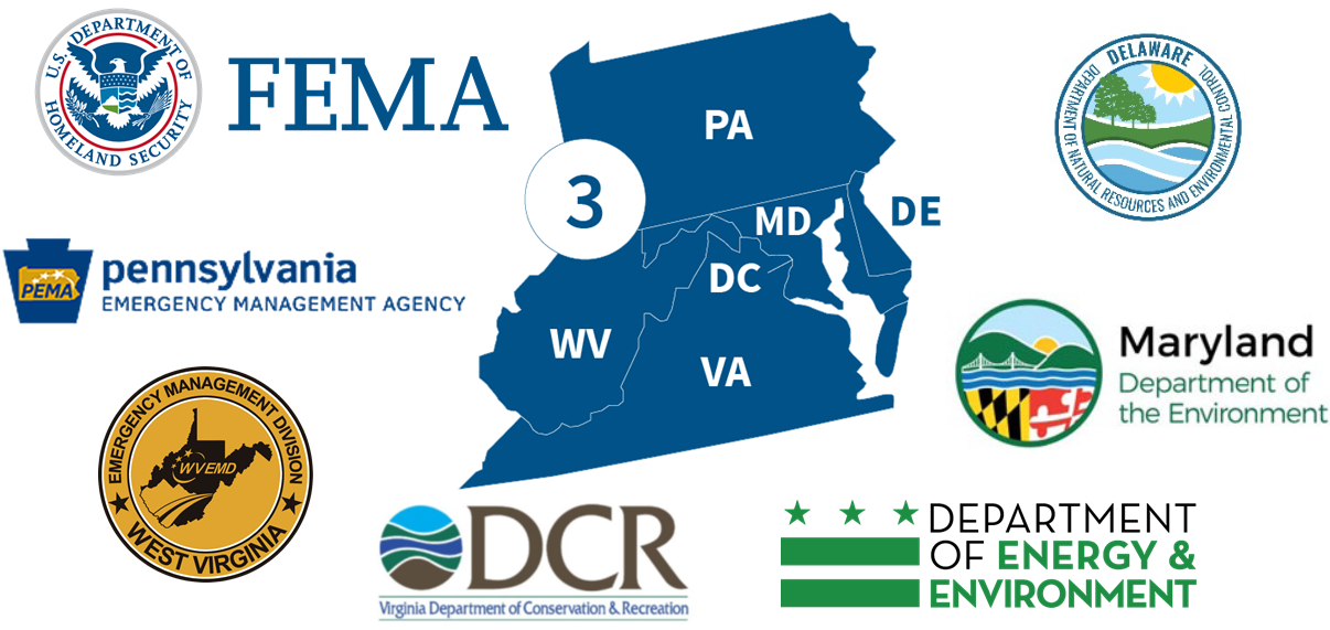 states of Virginia, West Virginia, Maryland, D.C. Delaware, Pennsylvania with agency logos for state emergency management agencies and environmental agencies