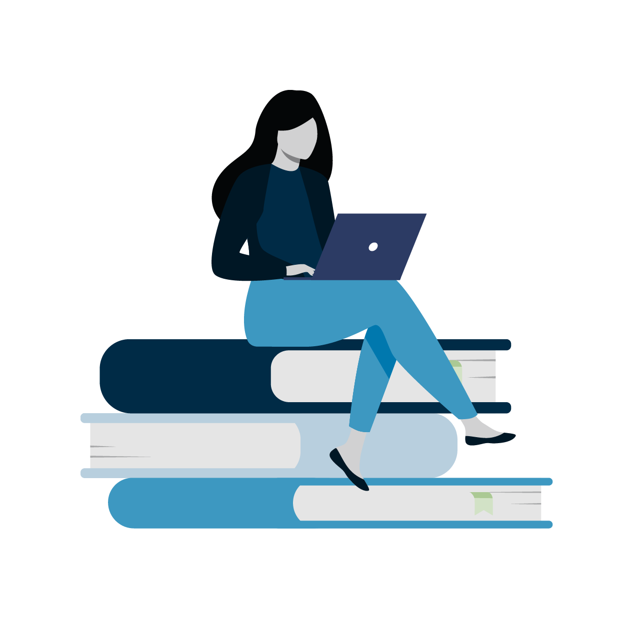 a woman on a laptop seating on top of 3 books 