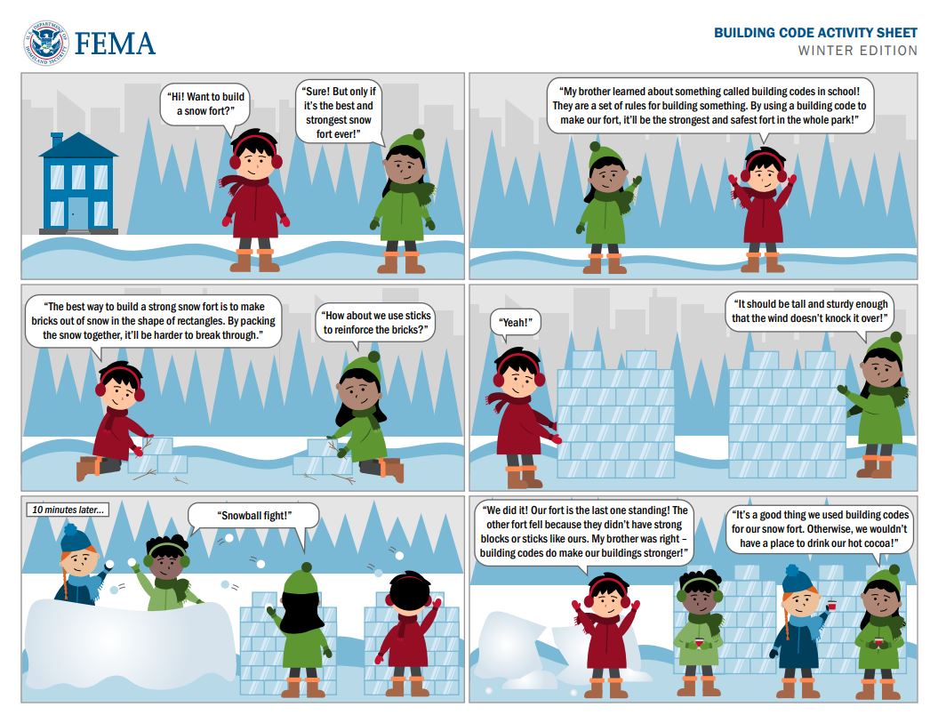 Cover of building code winter activity sheet showing people building a snow fort