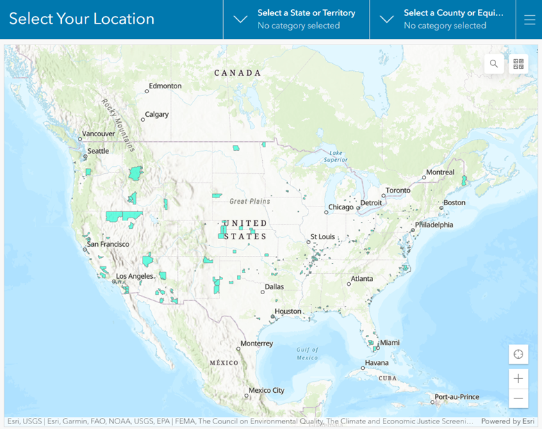 This image shows what users will find on the CDRZ platform. It shows a map of the United States, with selection drop downs for state, territory, and county.