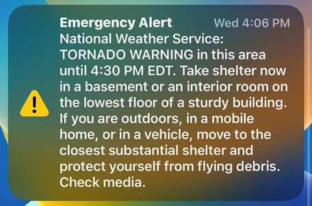 A graphic showing the wireless emergency alert for a tornado warning.