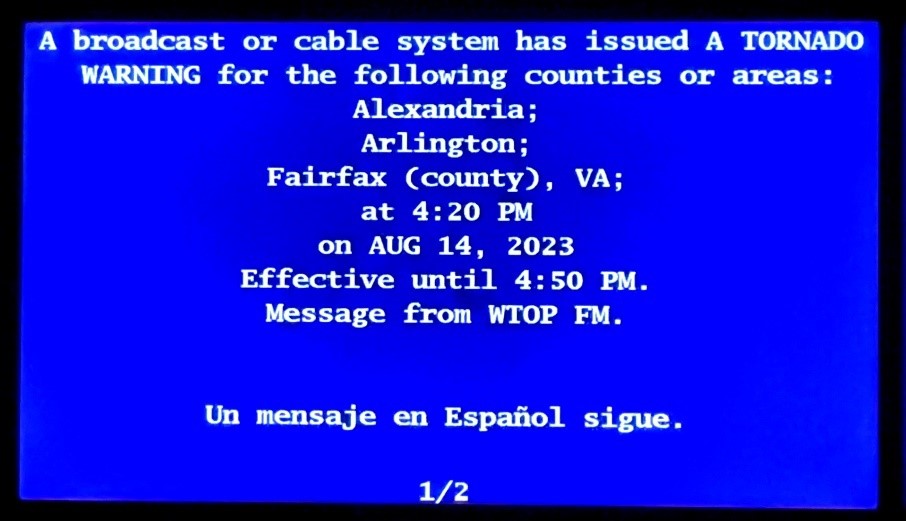 A graphic showing a sample torando warning Emergency Alert System message.