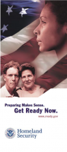 2003 Ready Campaign poster that has peoples' faces over an American flag. Preparing Makes Sense. Get Ready Now. Ready.gov. Homeland Security.