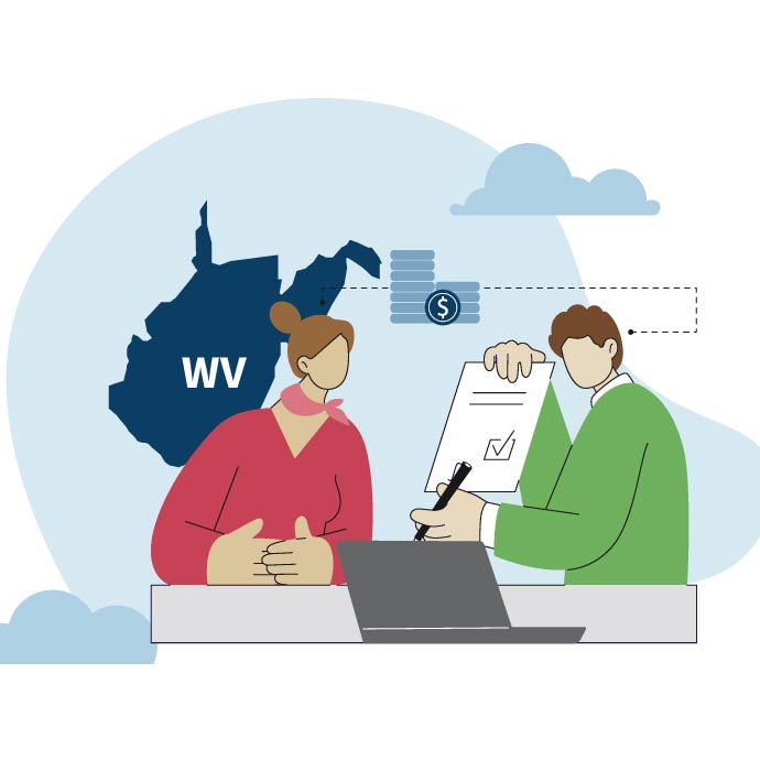 Graphic of a man and woman with a laptop looking at checklist in front of the state of West Virginia