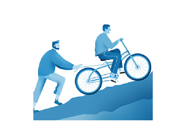 Illustration of a person pushing another person on a bike up a hill