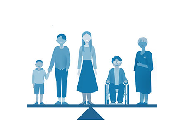 Illustration of 5 people of mixed races, ages & sexes (from left to right child, two adults, adult in wheelchair, elderly person) standing on a balance beam balanced.