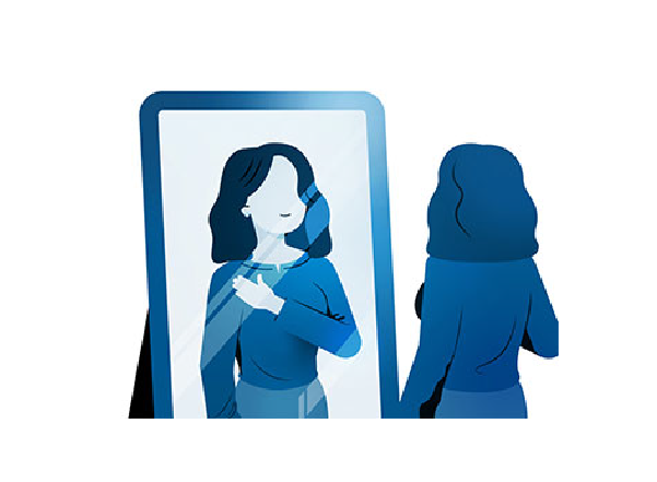 Illustration of a woman with her hand across her chest looking in the mirror
