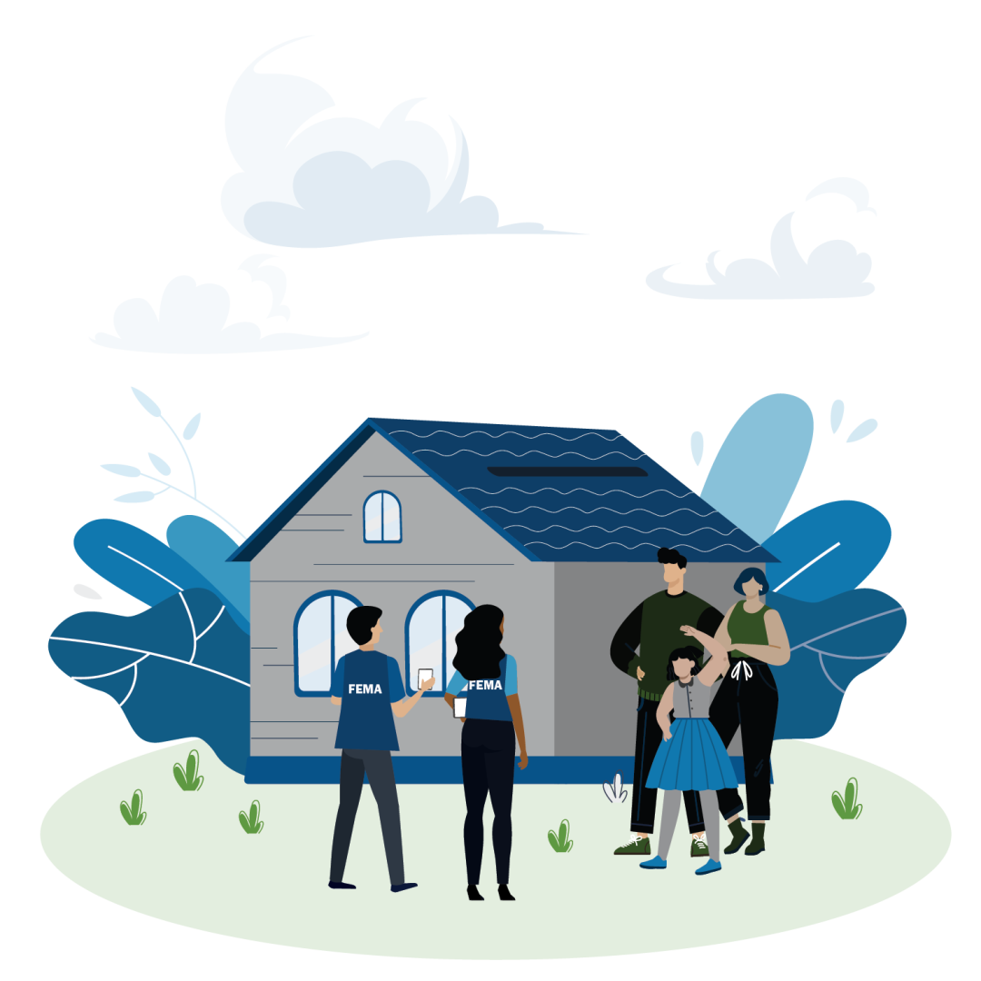 Illustration of two FEMA employees greeting a family at their home.