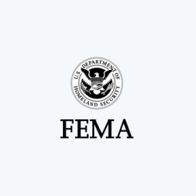 the FEMA logo in black on a light grey background. The logo includes the seal of the Department of Homeland Security, showing an eagle.