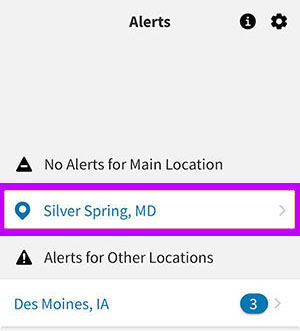 Alerts location screen. Main Location field highlighted.