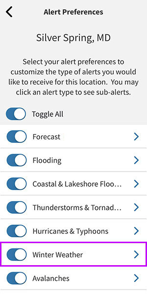 Alert Preferences screen. “Winter Weather” toggle is highlighted