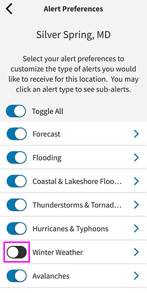 Alert Preferences screen. Toggle switched off next to “Winter Weather” is highlighted.