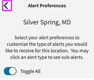 Alert Preferences screen. Back arrow in top left corner highlighted.