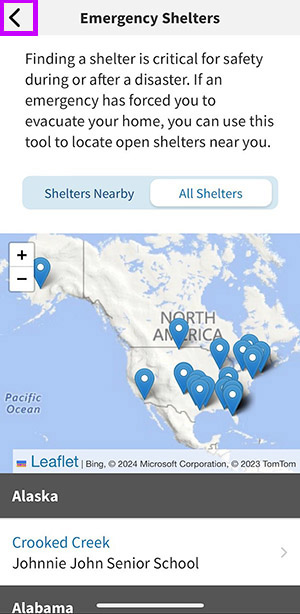 Emergency Shelters screen. “All Shelters” map of U.S. showing. Top left corner back arrow highlighted.