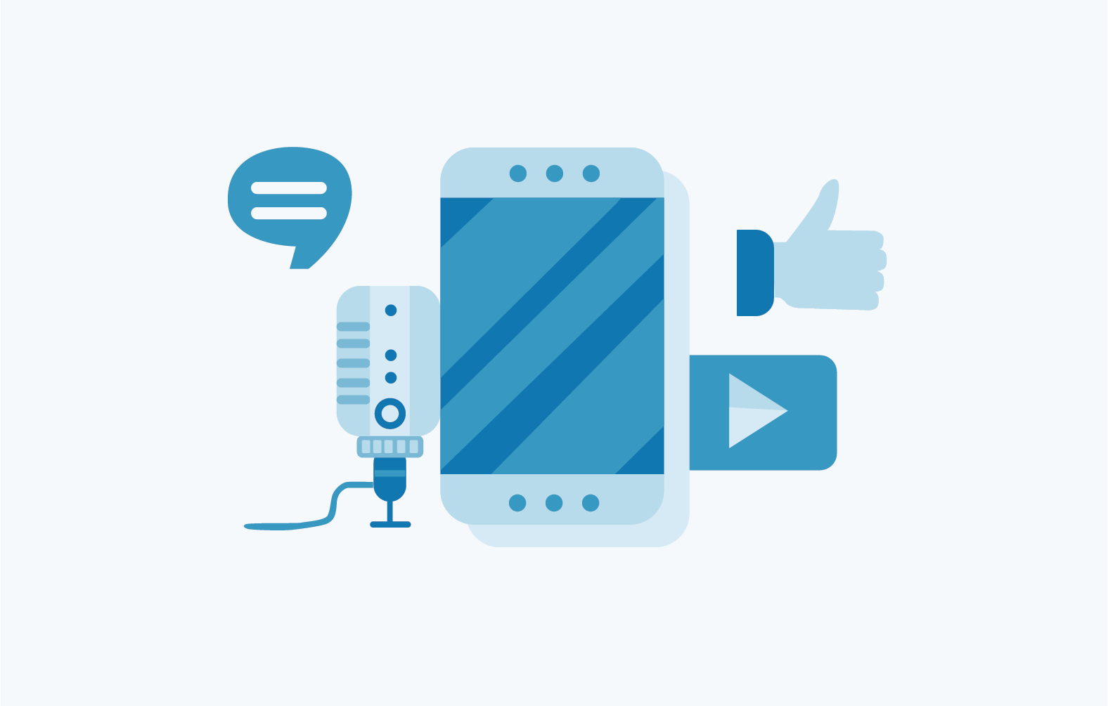 Illustration of a speech bubble, microphone, mobile phone, thumbs up and video play button
