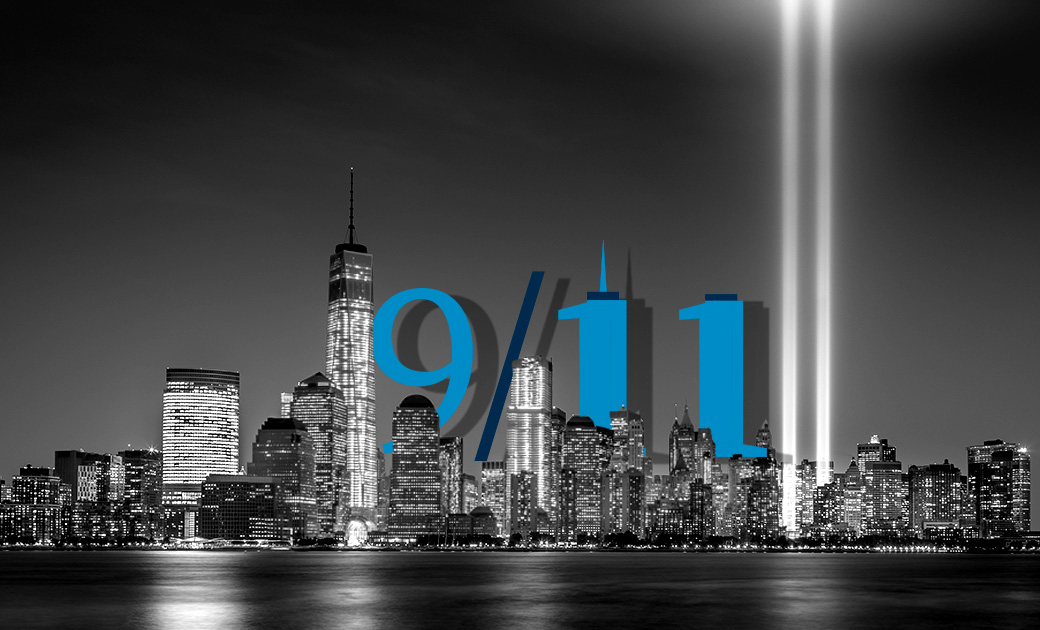 A graphic for the 9/11 commemoration. It shows a black and white image of New York City, with the twin towers in lights. 