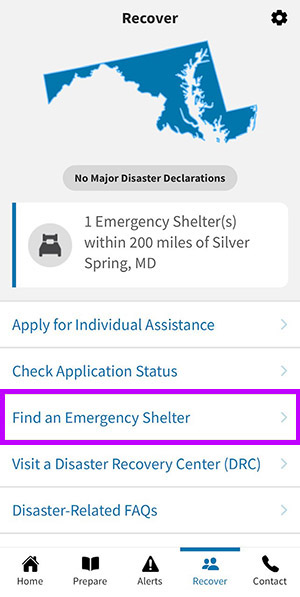 Recover screen. “Find an Emergency Shelter” is highlighted