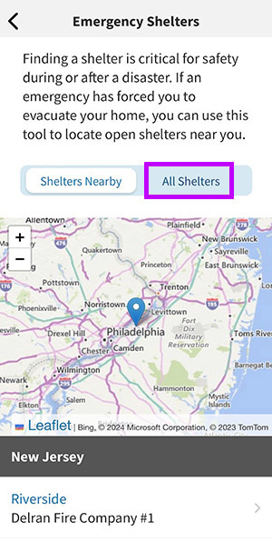 Emergency Shelters screen with “Shelters Nearby” map. “All Shelters” toggle option highlighted.