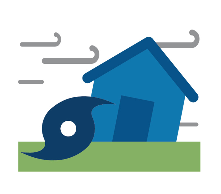 The hurricane symbol and a house being blown by strong winds 