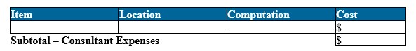 Screenshot of E. Subtotal - Consultant Expenses Table with Item, Locations, Computation, and Cost as headings