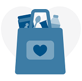 Grocery bag with heart on it filled with food and water.