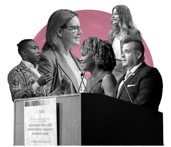 Black and white image of FEMA Administrator Deanne Criswell, White House Press Secretary Karine Jean-Pierre, FEMA External Affairs Associate Administrator Justin Knighten, Tre Borden, and Lucy Beadnell in front of a pink circle background.