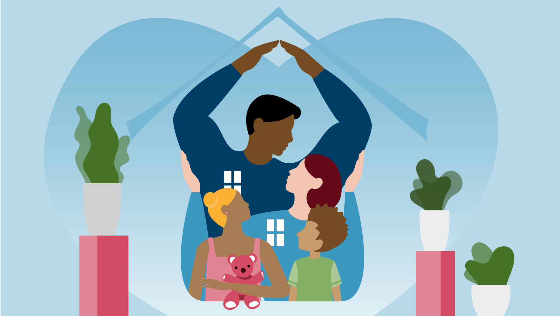 Graphic of a family of four making the shape of a house with their bodies