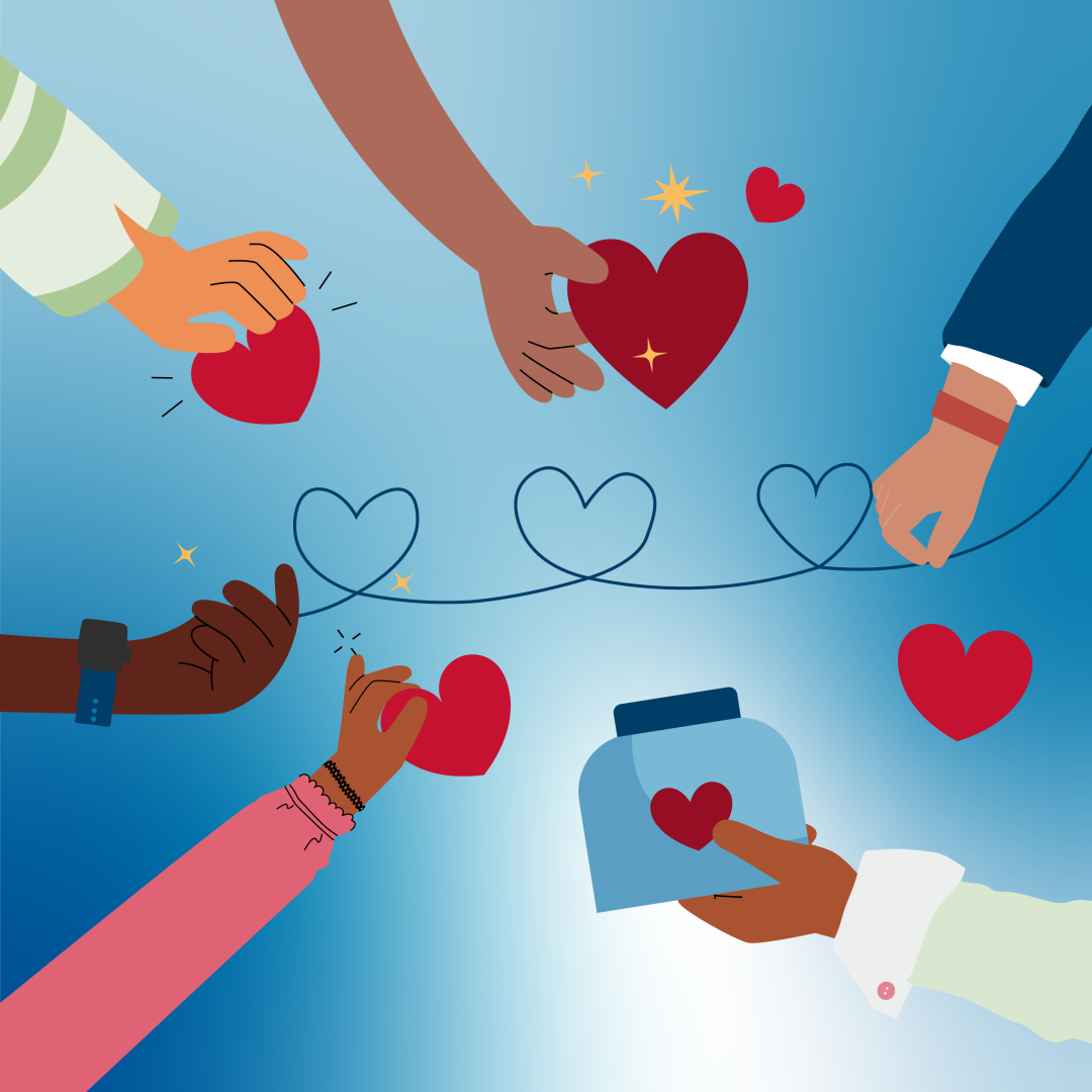 Hands in a circle holding red hearts in front of a blue and white background