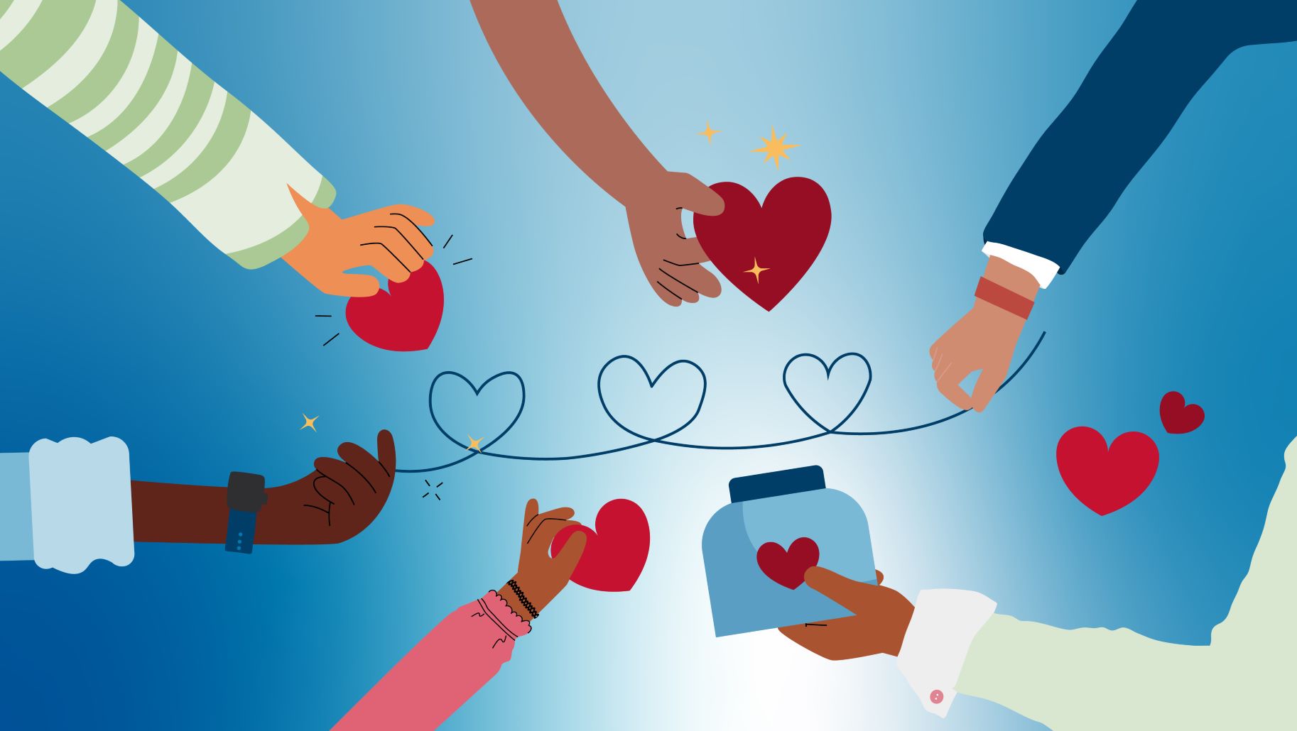 Hands in a circle holding red hearts in front of a blue and white background