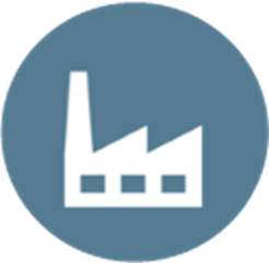 A rendering of a facility with one smoke stack is in a blue circle