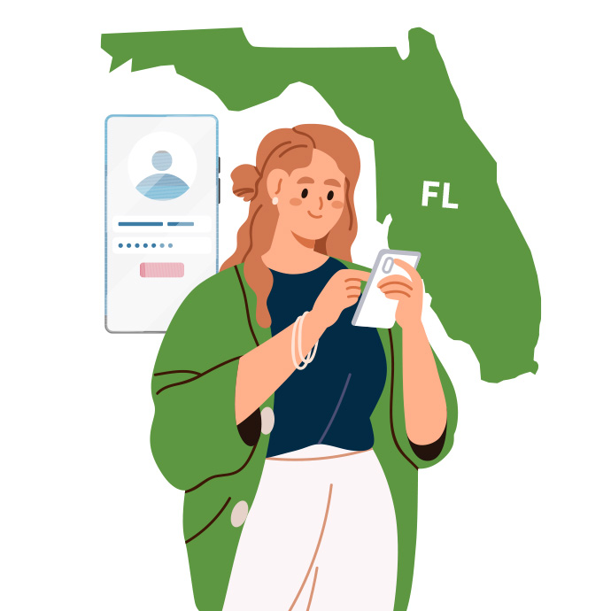 Graphic of a woman on her phone looking at a phone showing an application page.