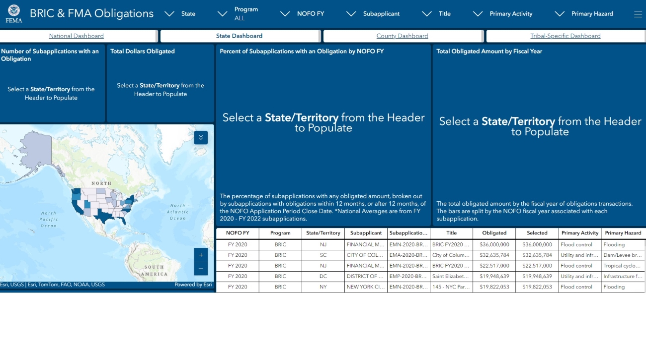 A graphic showing the dashboard of the BRIC FMA ArcGIS obligations interactive tool.