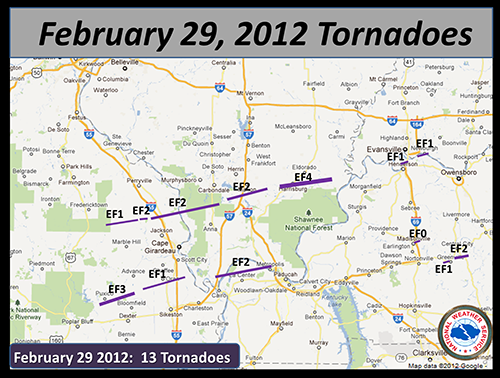 The Storms the morning of February 29th caused 13 tornadoes across souther Illinois. Source: National Weather Service