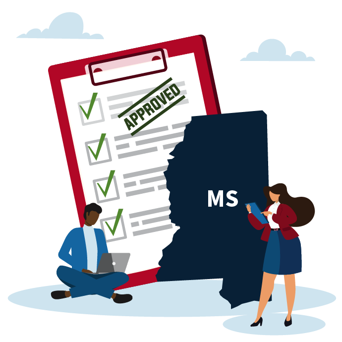 Clipboard checklist with a stamp of approval and a outline of the state of Mississippi with a man and woman in front of it. 