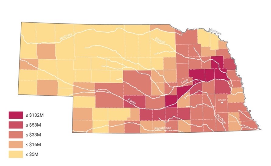 The picture shows a map of Nebraska's riverine flooding by county. 