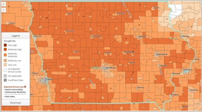 Expected Annual Loss data by Census tract in Iowa that show generally less risk in urban areas, southeastern and eastern Iowa.