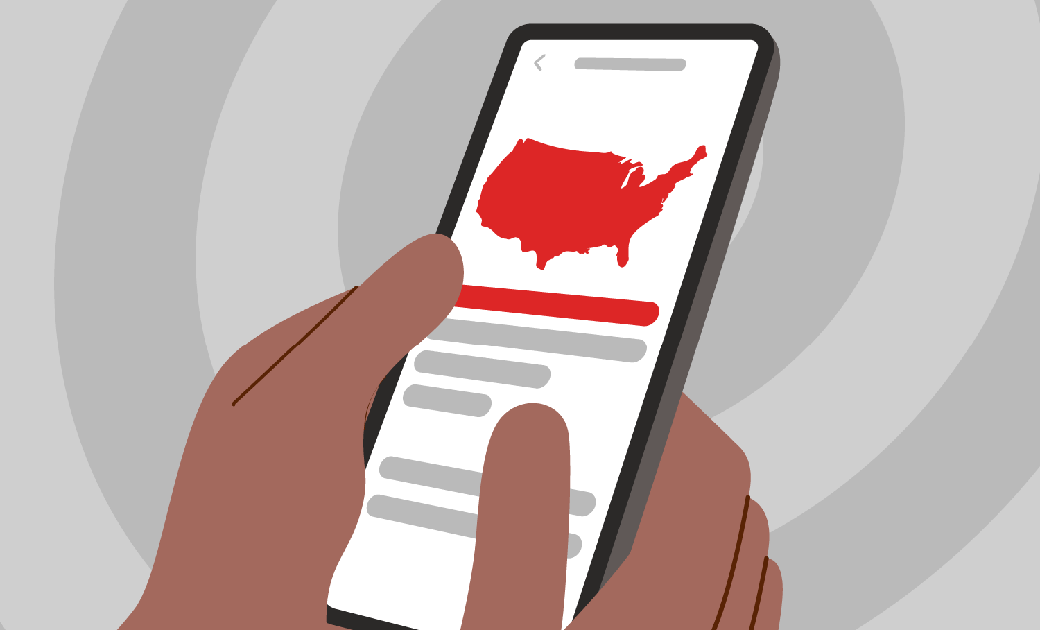 hands holding a cell phone featuring the U.S. map