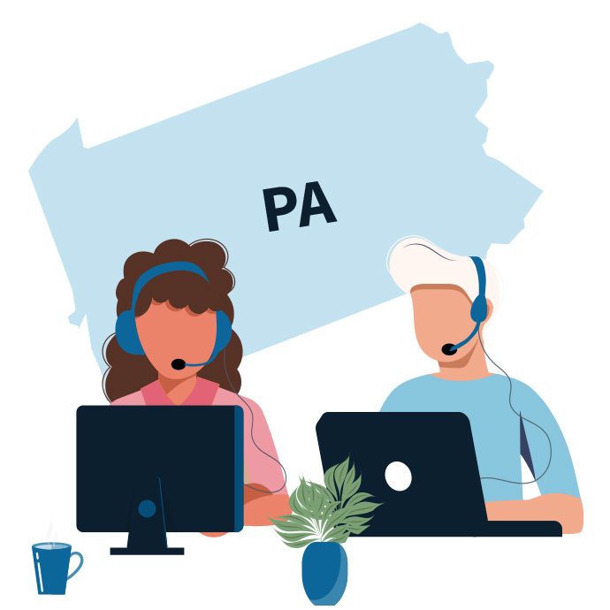 Two people wearing headsets sitting and using computers with the state of Pennsylvania is in the background. 