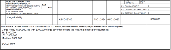 Example of ACORD form that includes the required information: a cargo policy, policy number, dates of validity, and the amount of coverage, which must be at least $300,000 per shipment. In the notes section, the insurance provider lists the specific modes covered by the policy and provides the SCAC of the insured. Example note says: “Cargo policy number ABCD12345 with $300,000 cargo coverage covers the following modes per occurrence: TL: $300,000, LTL: $300,000, Maritime: $300,000. SCAC: ####.”
