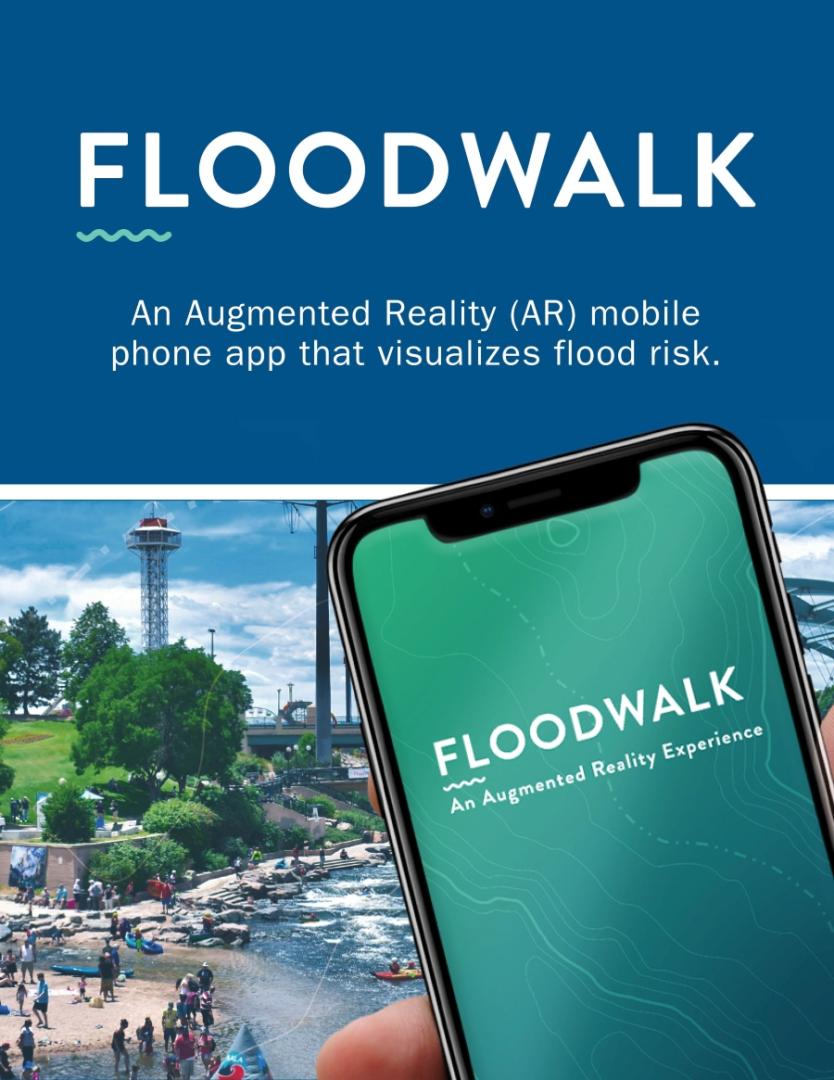 A thumbnail of the FloodWalk app image. It shows a picture of the city of Denver, and someone holding a phone.