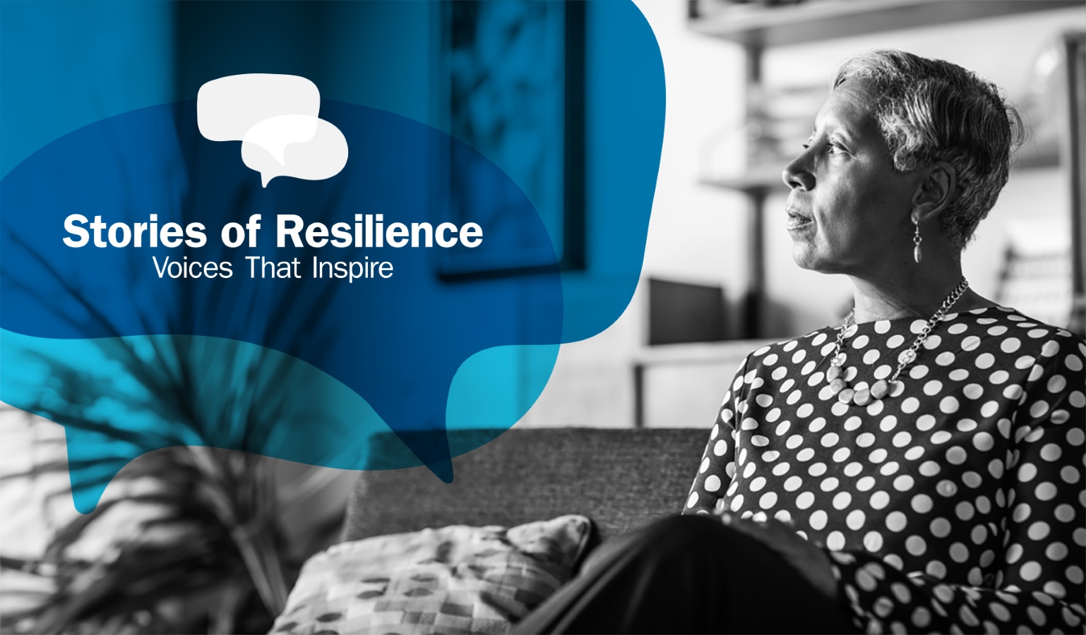 A graphic showing an older woman sitting on a couch, with a text bubble reading "Stories of Resilience"