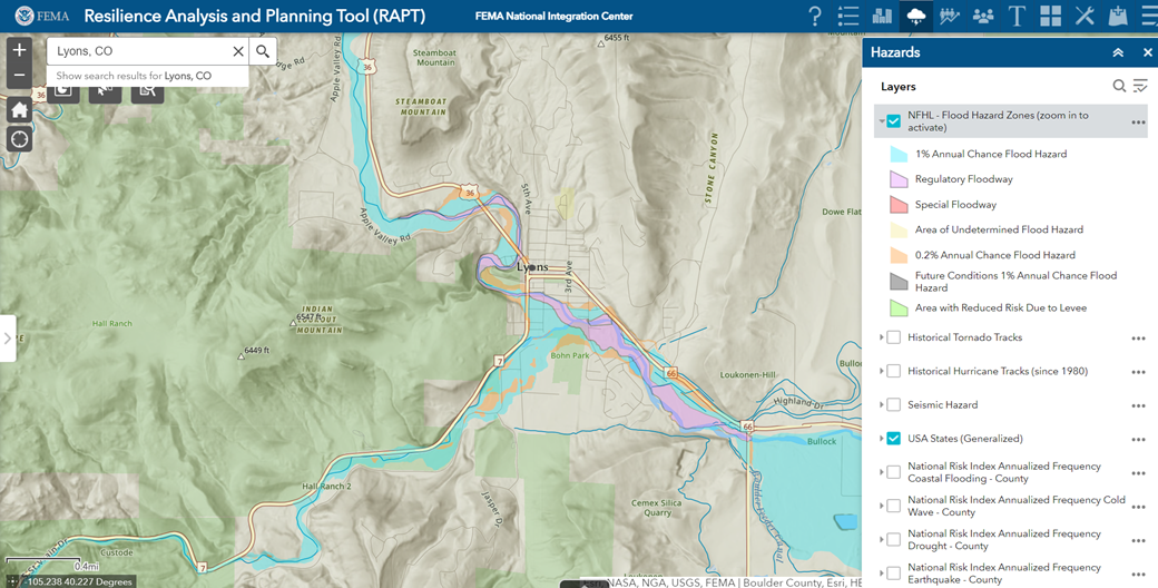 Lyons sits directly to the east of the Rocky Mountains where the north and south St. Vrain Creeks join one another. The blue and purple shading indicate flood zones as defined by the National Flood Insurance Program. 