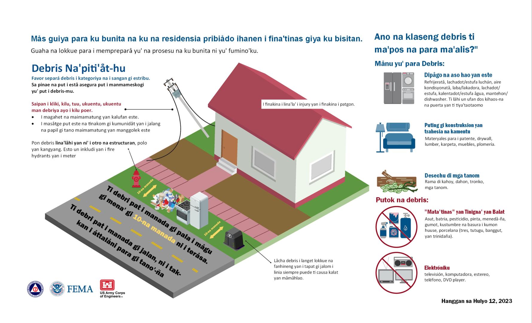 Mås guiya para ku bunita na ku na residensia pribiådo ihanen i fina'tinas giya ku bisitan.   Guaha na lokkue para i mempreparå yu' na prosesu na ku bunita ni yu' fumino'ku.  Favor separá debris i kategoriya na i sangan gi estribu.  Sa pinae na put i estå asegura put i manmameskogi  yu' put i debris-mu.   Saipan i kliki, kilu, tuu, ukuentu, ukuentu  man debriya ayo i kilu poer.  I magahet na maimamatung yan kalufan este. I masåtge put este na tinakom gi kumunidåt yan i jalang na papil gi tano maimamatung yan