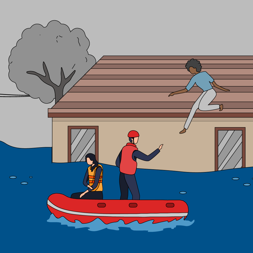 A flooded street with a house and a rescue boat rescuing 2 people