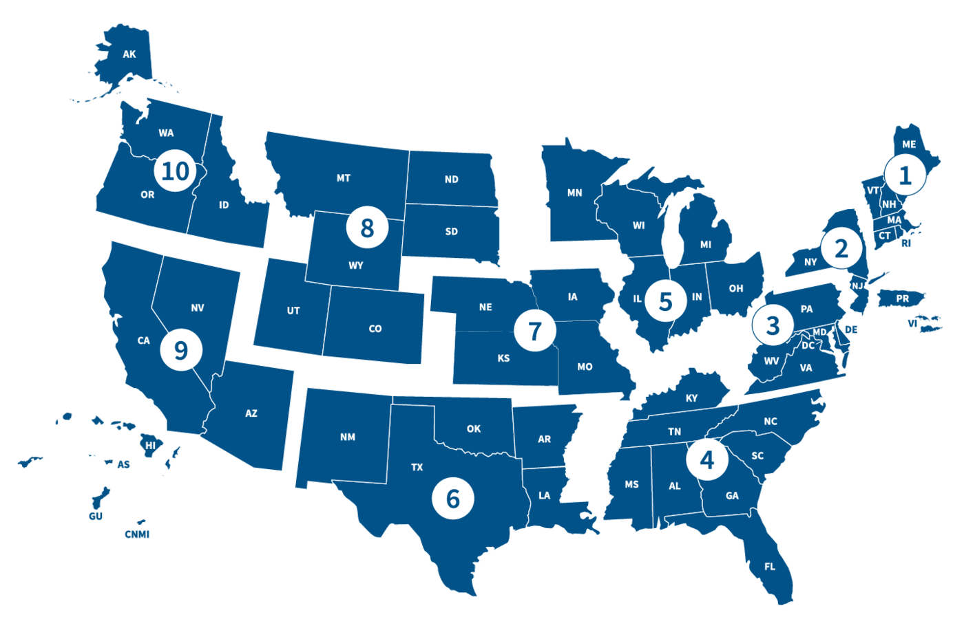 Map of the United States displaying FEMA regions across the nation. 