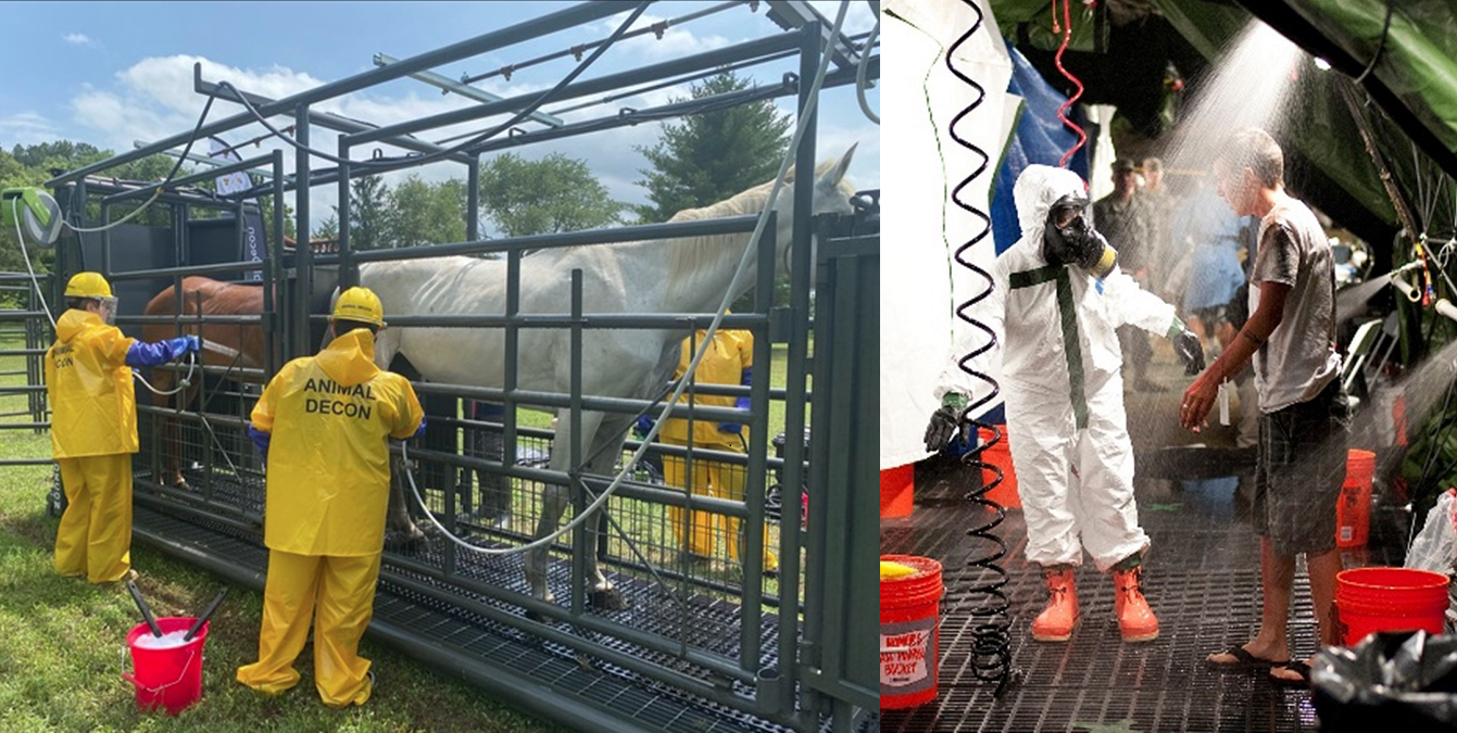 Figure 33: First responders performing animal decontamination and guiding human decontamination