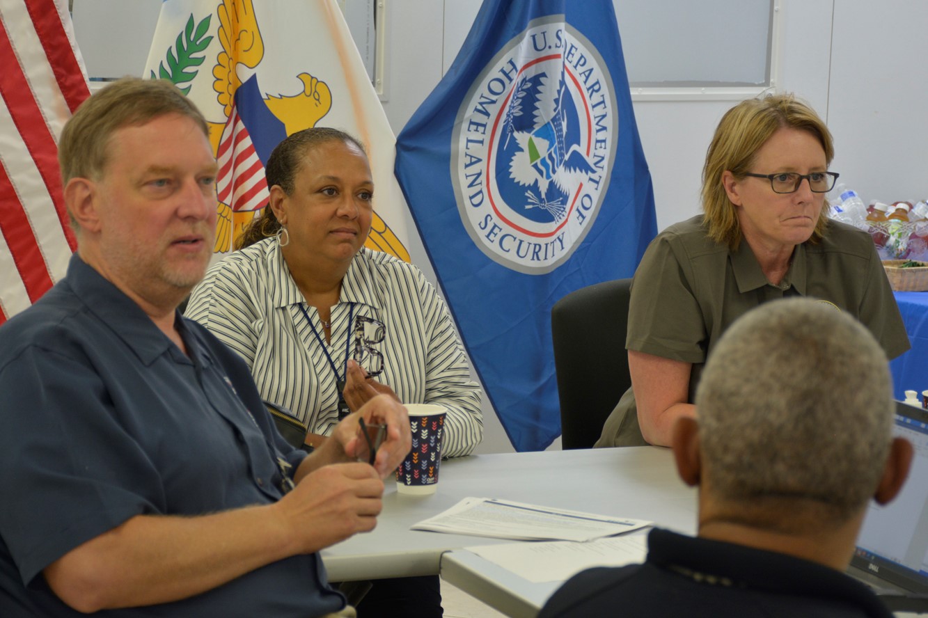 FEMA Administrator Deanne Criswell receives updates on Irma/Maria Recovery from Recovery Director Kristen Hodge and the sargassum inundation response from Federal Coordinating Officer Patrick Cornbill.