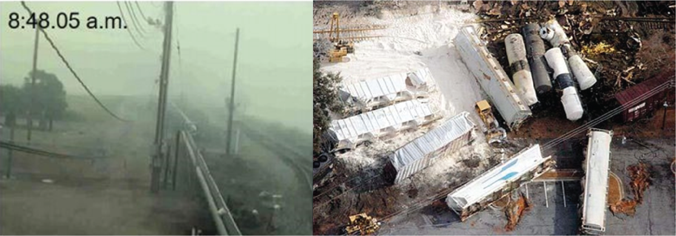 Figure 30: Recognition of a chemical incident can be slow and challenging without adequate detection systems. Left, chlorine cloud released by a rail accident during the day. Right, rail accident that released chlorine during the night.