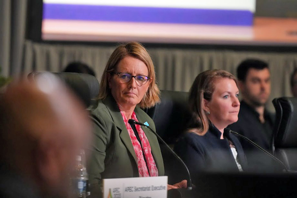 Woman in suit at a conference table. 