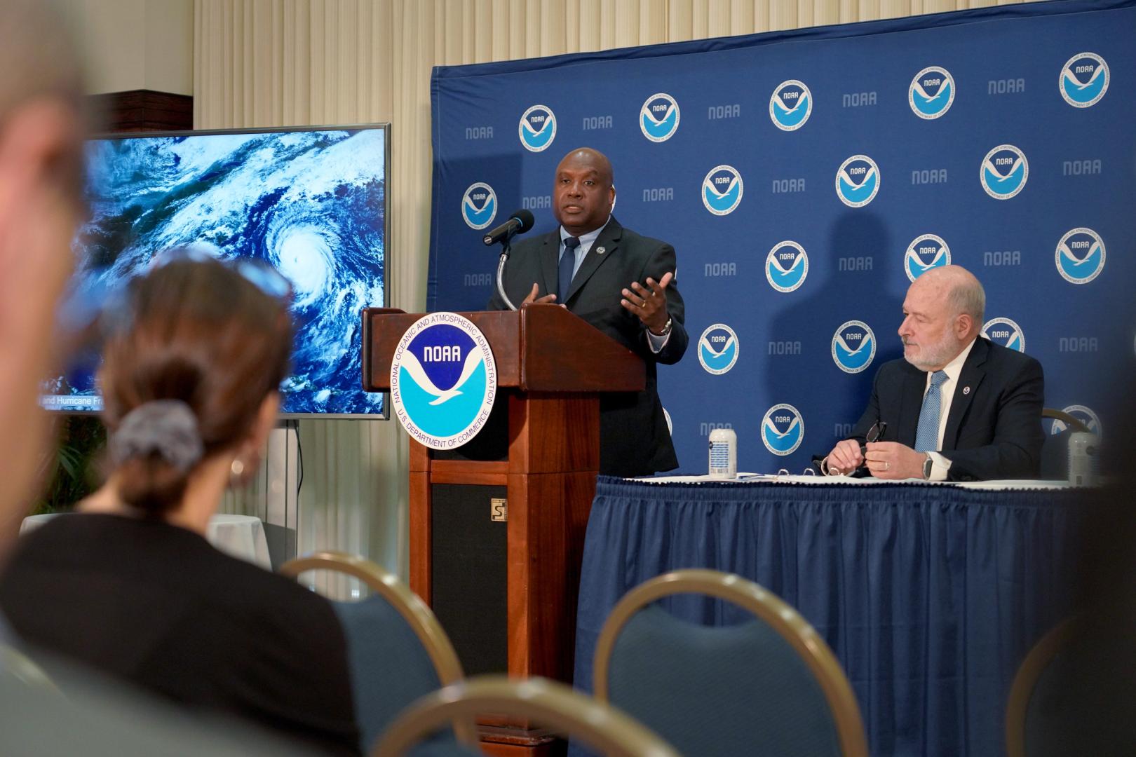 FEMA Deputy Administrator Erik A. Hooks delivers remarks during the NOAA 2024 Atlantic Hurricane Season Outlook press conference